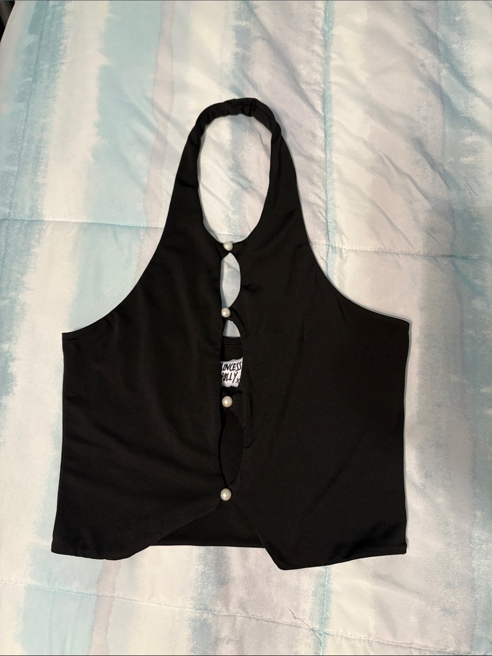 Princess Polly Black Halter Crop Top with Pearl Buttons